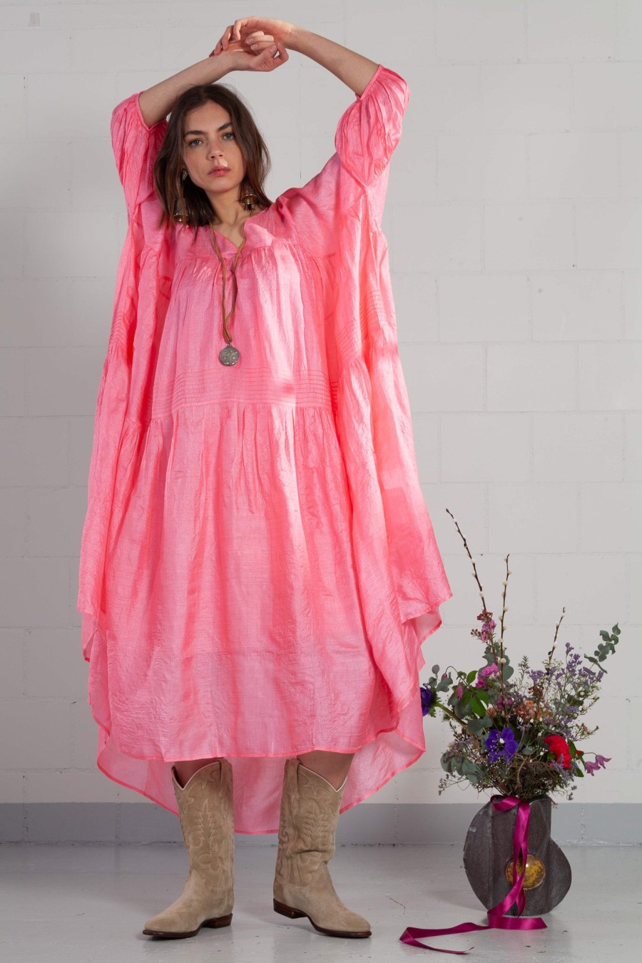 Anaak Fluoro Pink Airy Gypsy Maxi Dress Wholesale