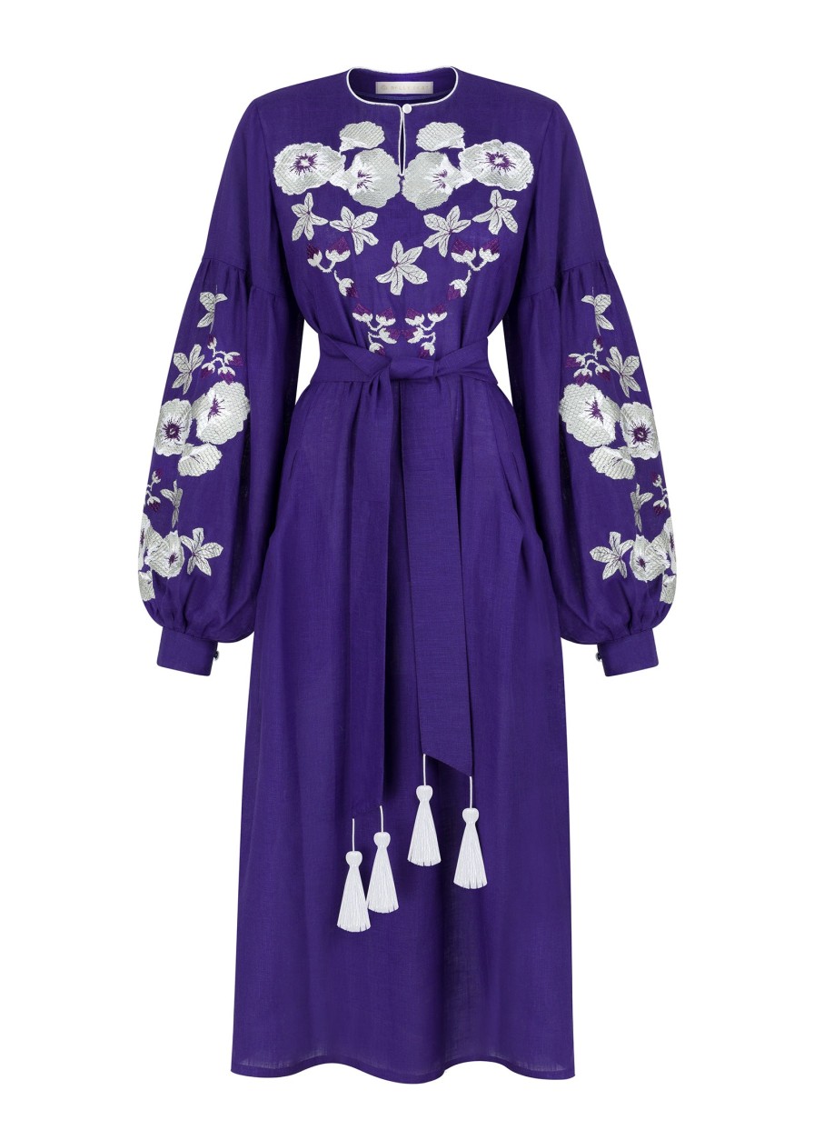 Belle Ikat Belle Ikat Purple Olena Embroidered Linen Dress New