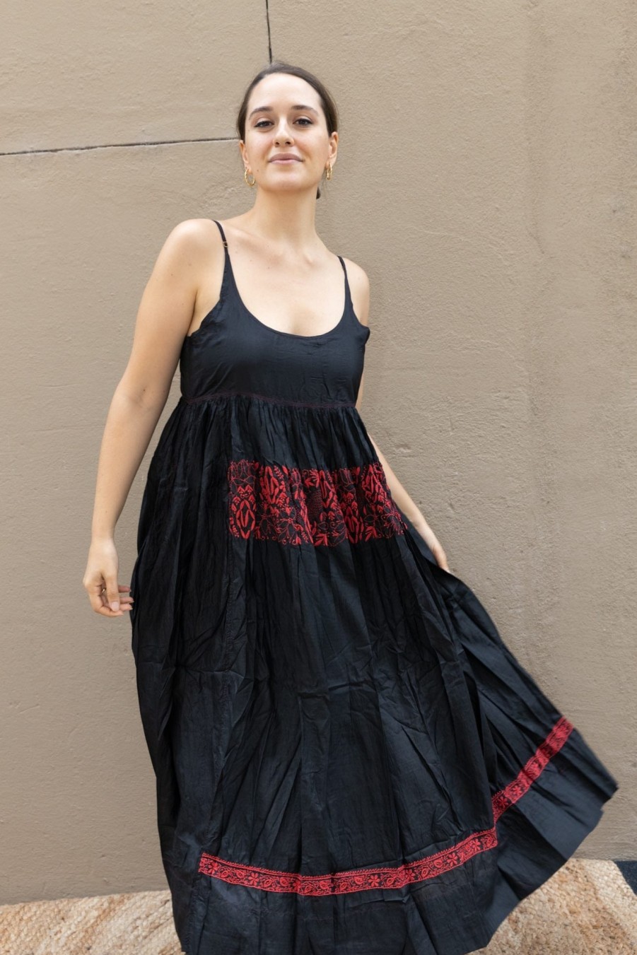 Injiri Black Silk Dress With Red Hand-Embroideries Best