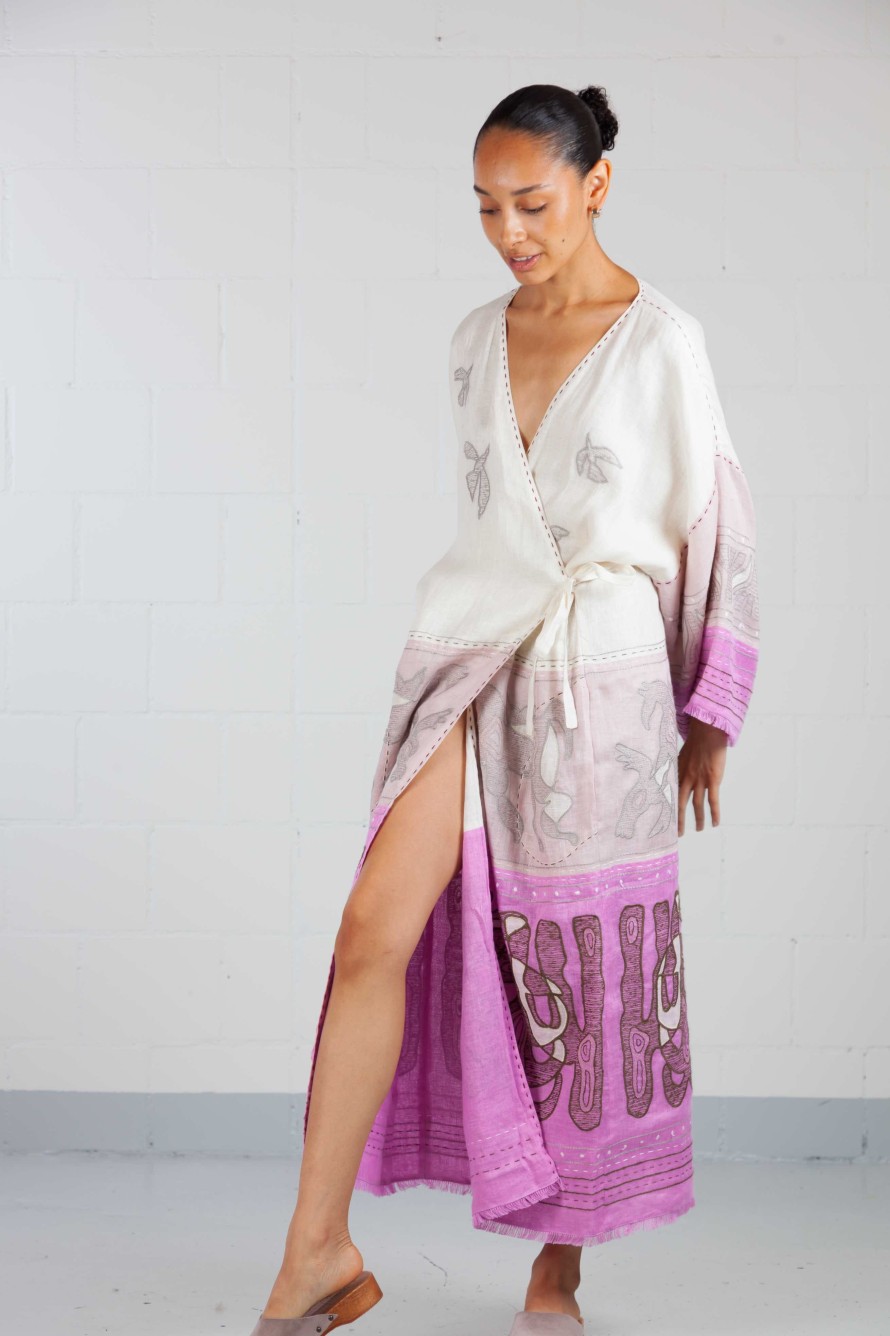 My Sleeping Gypsy Animal Realm Long Kimono In Ivory And Powder Pink - My Sleeping Gypsy Hot